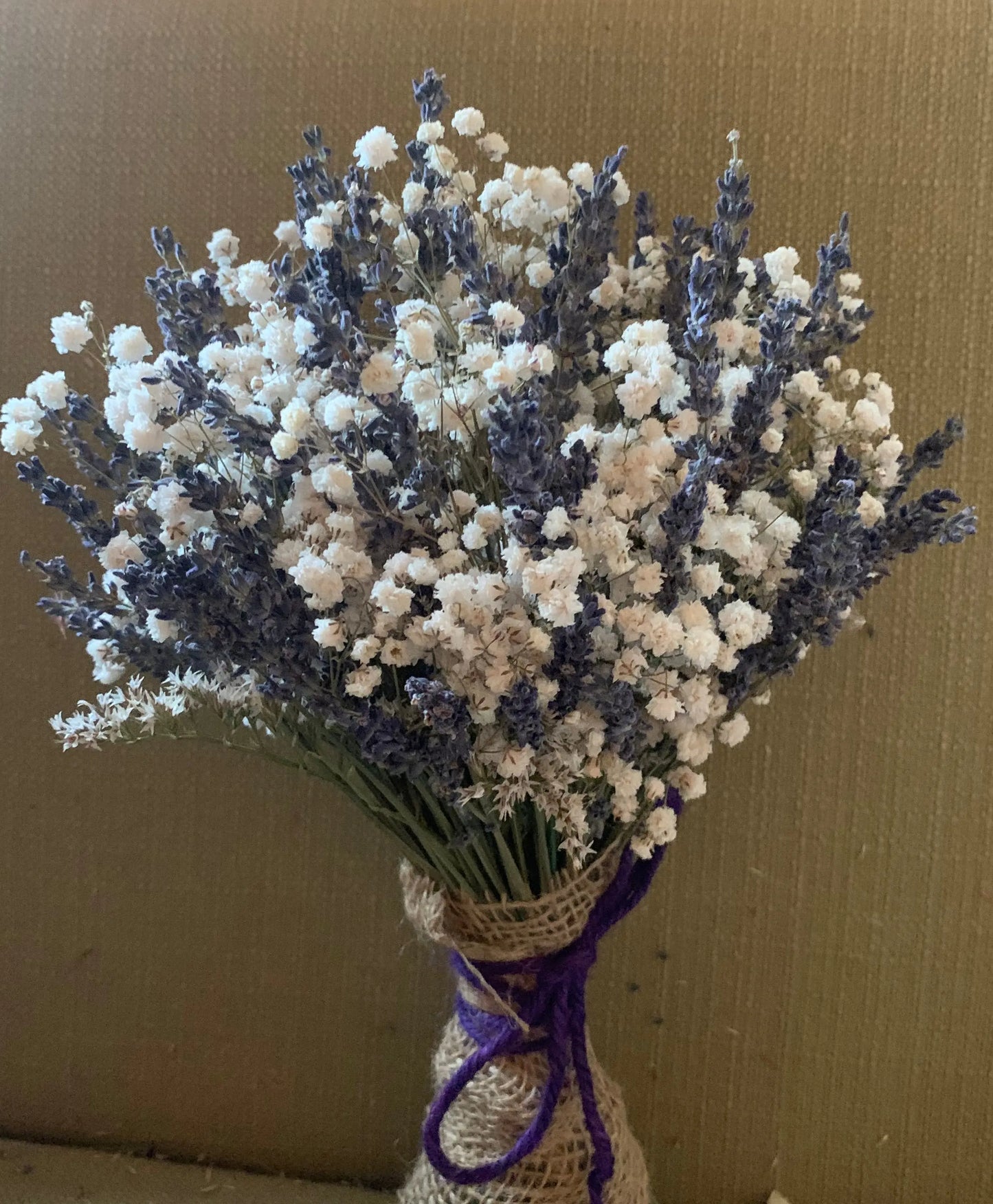 Bouquet of dried lavender and gypsophila tied with purple twine against a plain background