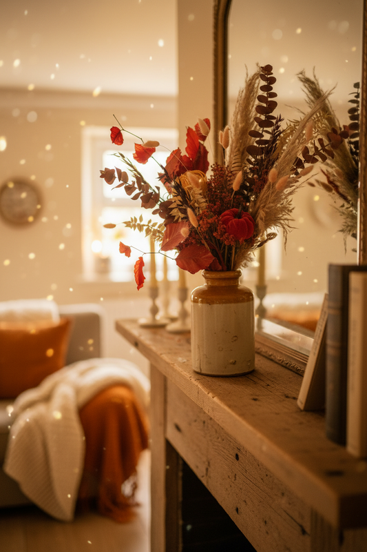 A rustic ceramic vase filled with dried flowers and grasses sits on a wooden mantle piece in a warmly lit living room. The arrangement features red and orange blossoms, beige pampas grass, and brown leaves.