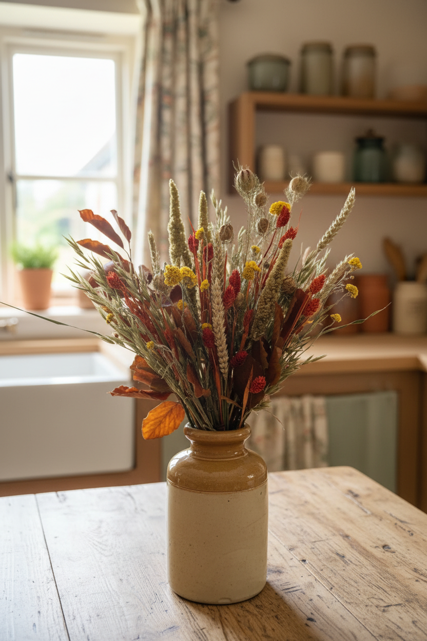 A rustic dried flower and wheat arrangement in a stoneware vase, set on a wooden table in a softly blurred kitchen setting.