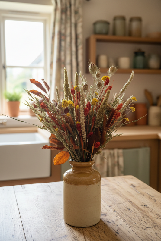 A rustic dried flower and wheat arrangement in a stoneware vase, set on a wooden table in a softly blurred kitchen setting.