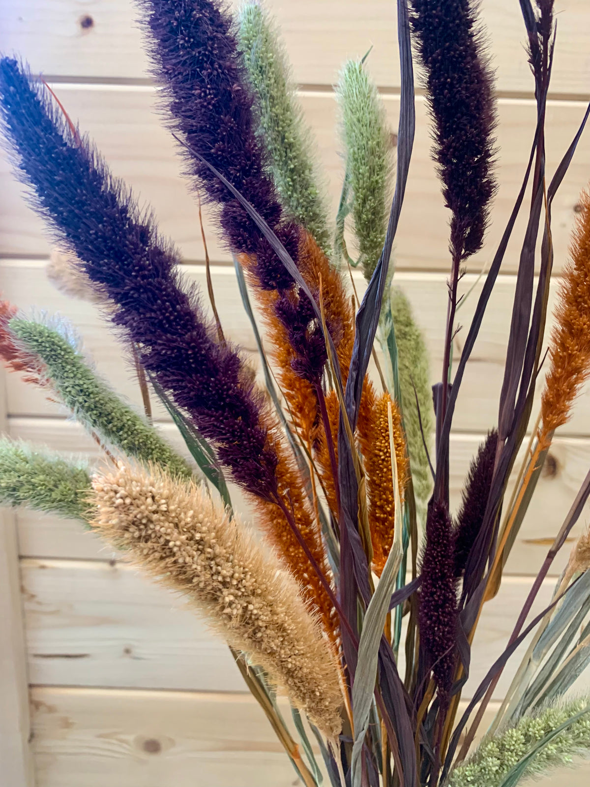 A close-up of dried decorative grasses and ornamental reeds with fluffy seed heads in beige, tan, orange-brown, and dark purple tones, arranged in front of a light wood plank background.