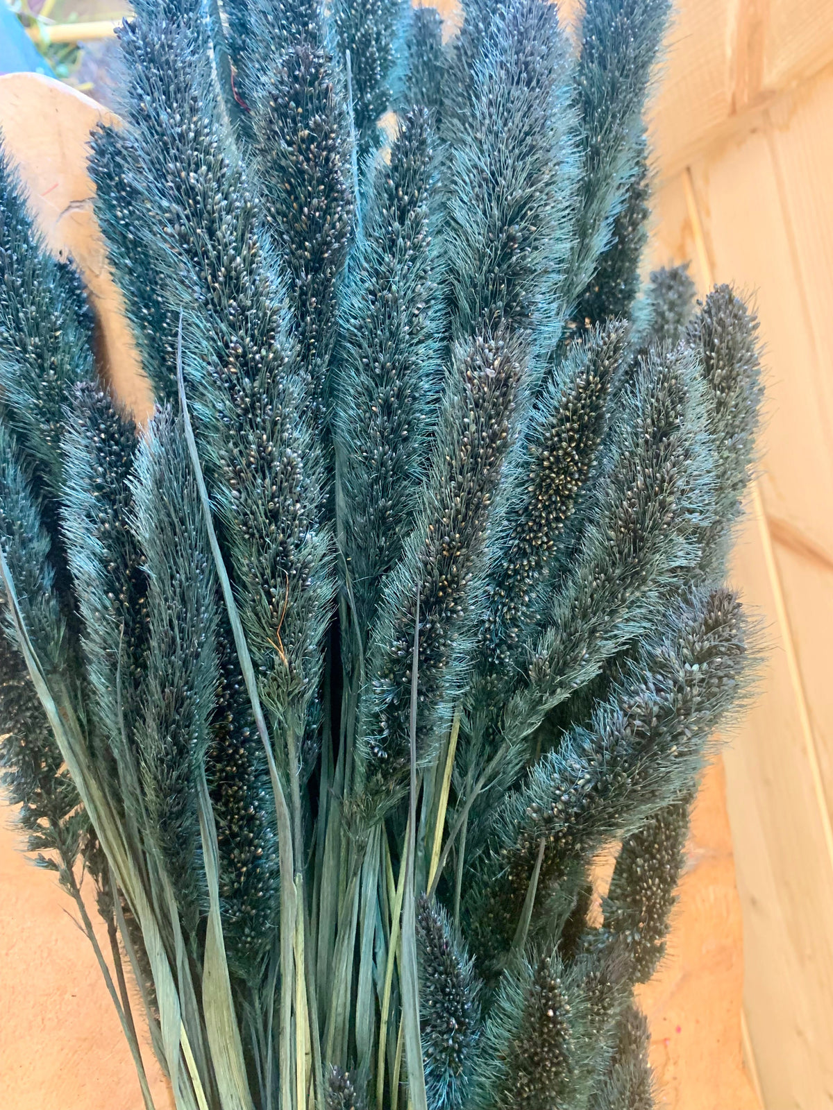 A bundle of artificial blue-gray pampas grass stems with dense feathery plumes, photographed close-up against a light wood background.