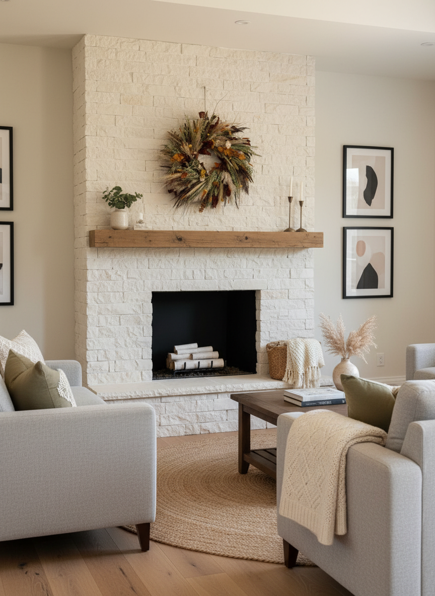 Living room with white brick fireplace, wooden mantel, and decorative items.