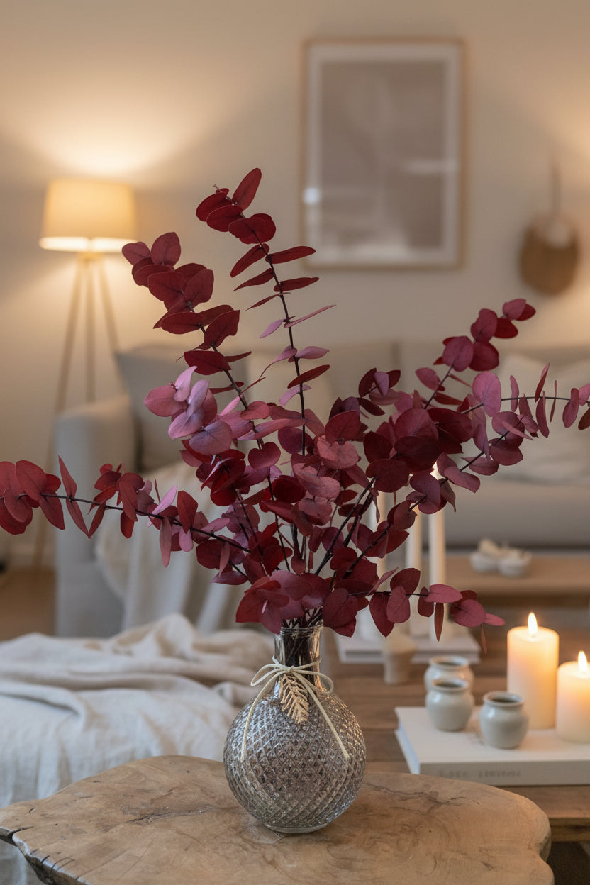 Small vase of preserved red eucalyptus on a side table of a neutral living room with soft lighting