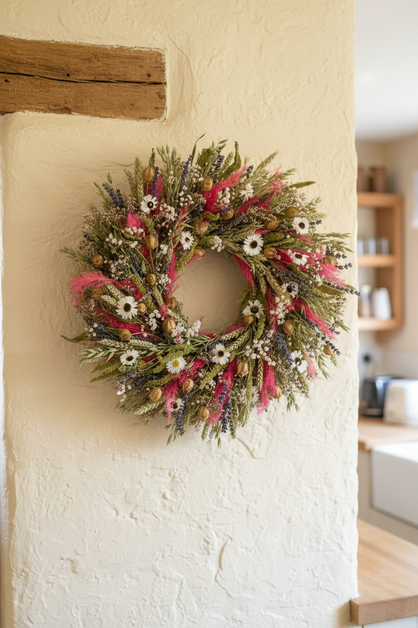 Decorative wreath with dried flowers and grasses on a lime plaster wall in a cottage