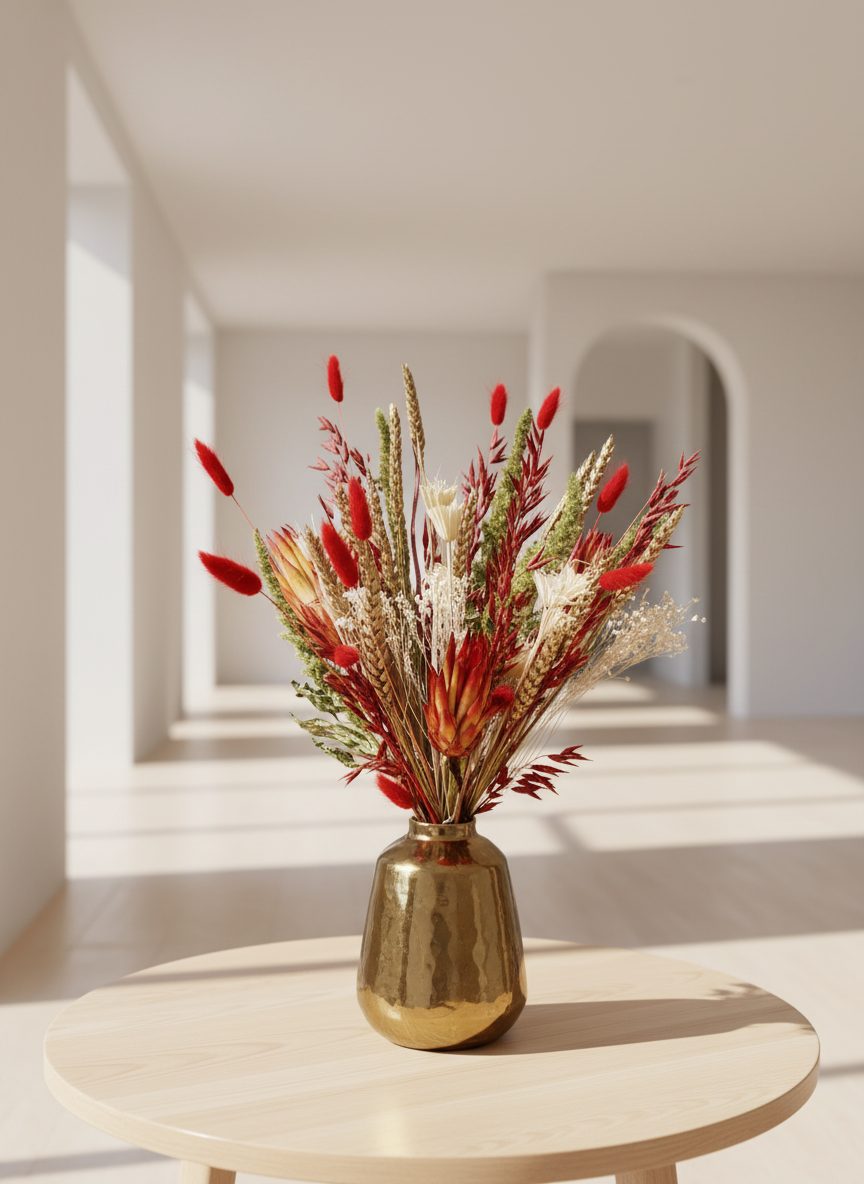 Gold vase with dried flowers and pinecones on a wooden surface in a empty modern space