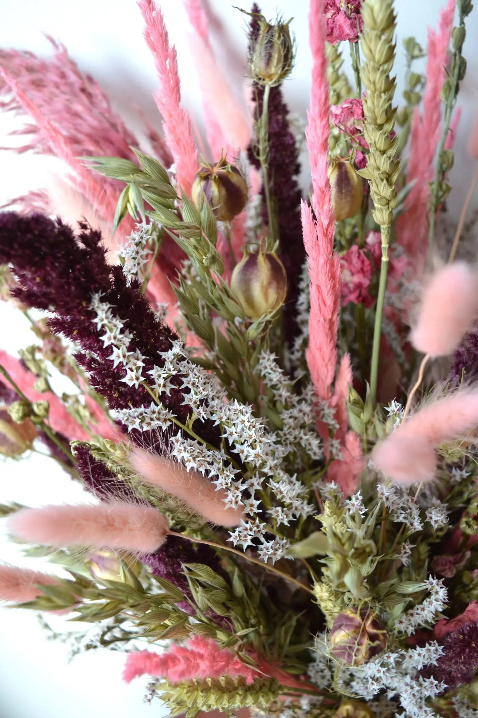 Dusky Pinks Dried Flower Bouquet close up photo showing dried grasses, bunny tails and love-in-a-mist seed heads