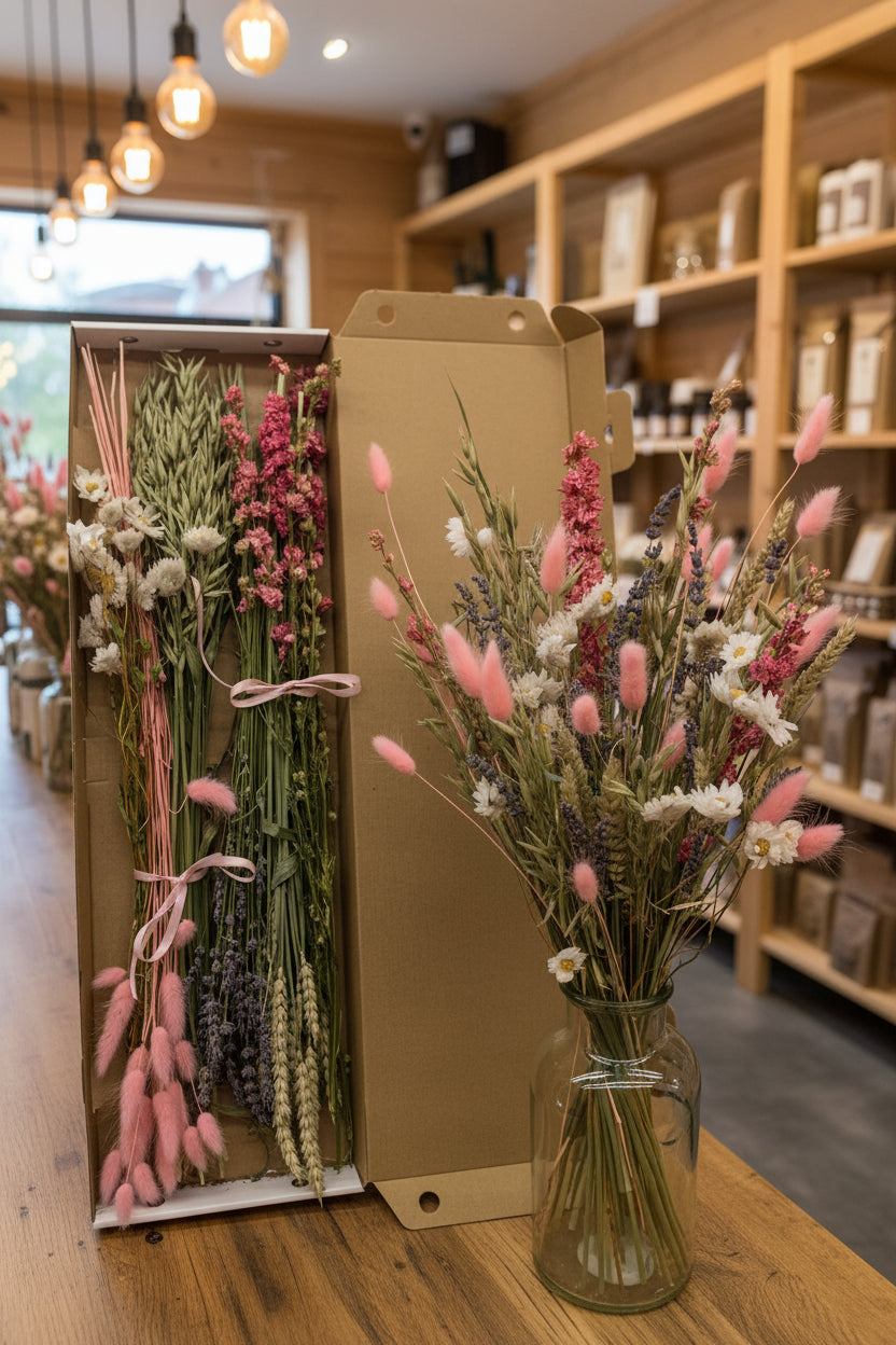A dried flower bouquet with pink bunny tails, white daisies, and lavender sprigs arranged in a cardboard box, with a matching loose bouquet in a glass vase resting on top of the box, set against a light wood panel background.