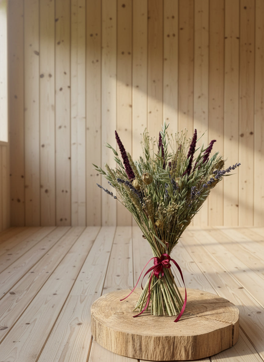 Bouquet of dried flowers with burgundy, purple and green warm tones on a wooden surface.