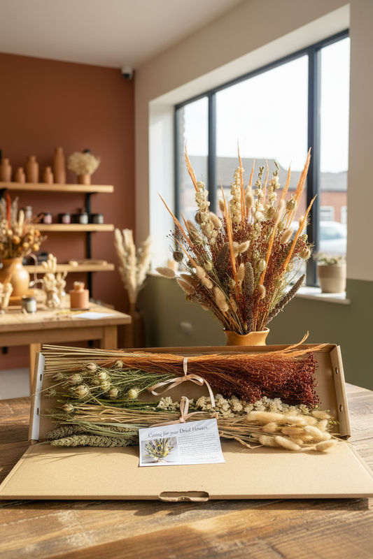 A styled dried flower arrangement in a terracotta pot displayed on a wooden table inside a warm, rustic shop interior. In the foreground, a kraft paper box contains additional dried botanicals, including bunny tails and wheat, with a care card. 