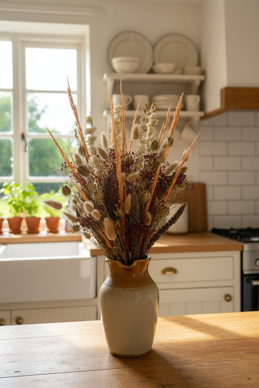 A rustic ceramic vase filled with a dried floral arrangement of wheat, bunny tails, and lavender, displayed on a wooden kitchen table in a bright, modern kitchen.