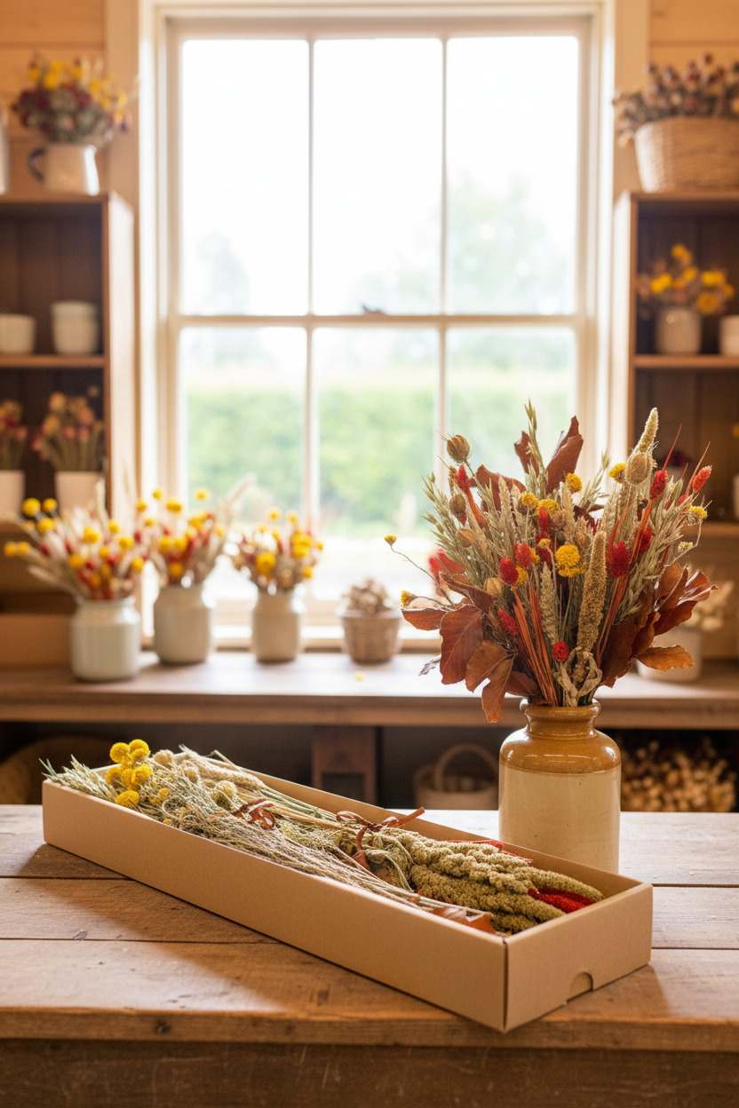 A styled arrangement of dried autumn flowers, wheat, and small yellow blossoms in a brown ceramic vase on a wooden table, with a matching long box of dried botanicals in the foreground and a softly blurred shop interior with shelves and windows in the background.