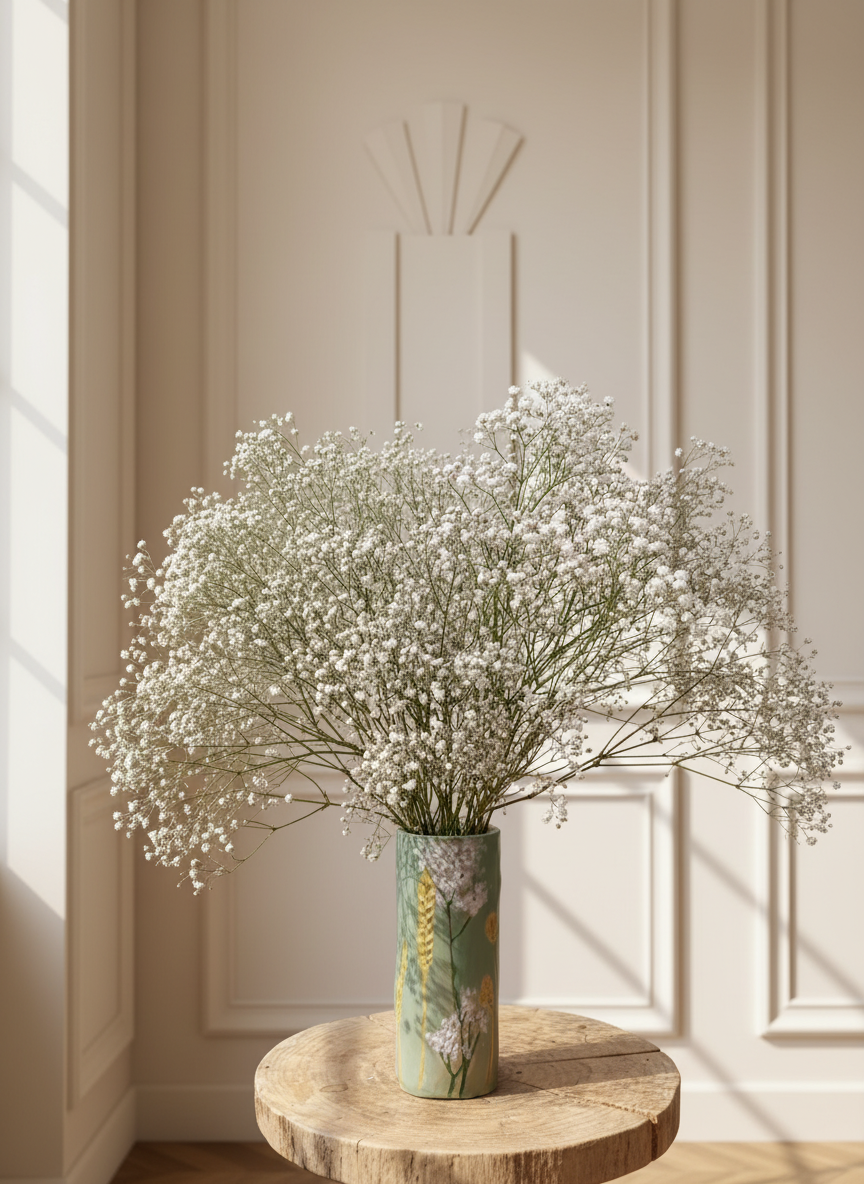 Bouquet of white flowers in a vase on a wooden table against a beige wall.