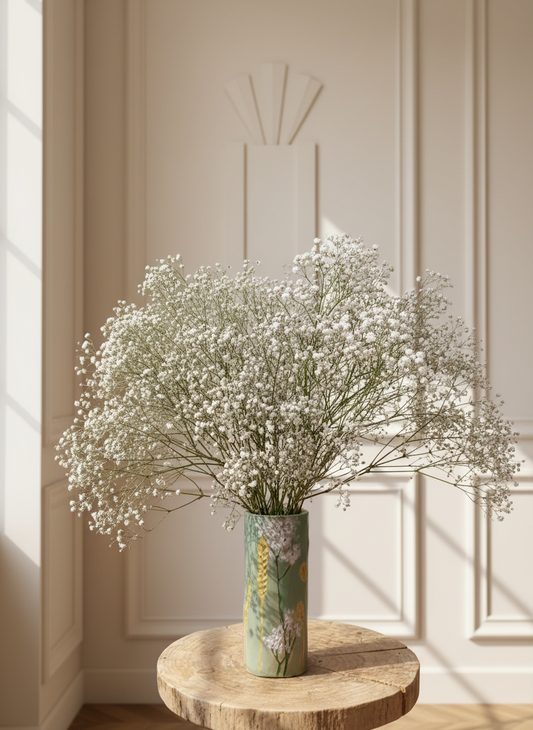 Bouquet of white flowers in a vase on a wooden table against a beige wall.
