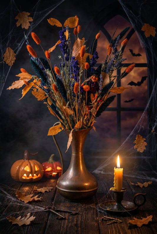 A dried floral arrangement in a copper/brass vase, styled on a rustic wood slice table with a ceramic orange pumpkin and a small red decorative pumpkin against a spooky AI generated background with cobwebs and bats