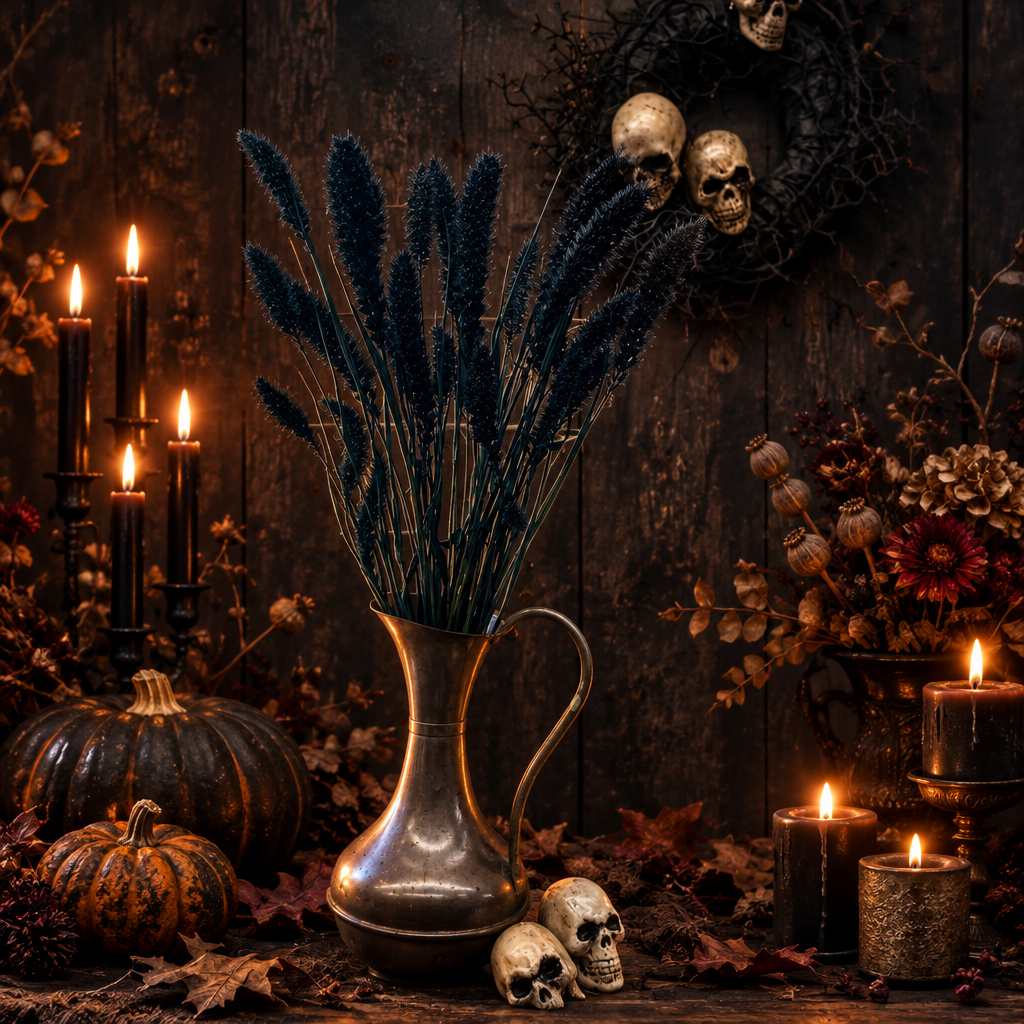 Halloween setting with pumpkins, candles and flowers with a copper jug displaying black grasses. >small skull displayed on table and wall wweath