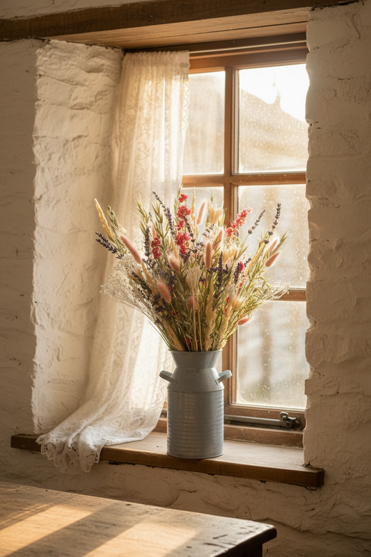 A rustic dried flower arrangement in a metal churn, set on a wooden window sill in a white-washed stone room with a sheer curtain.