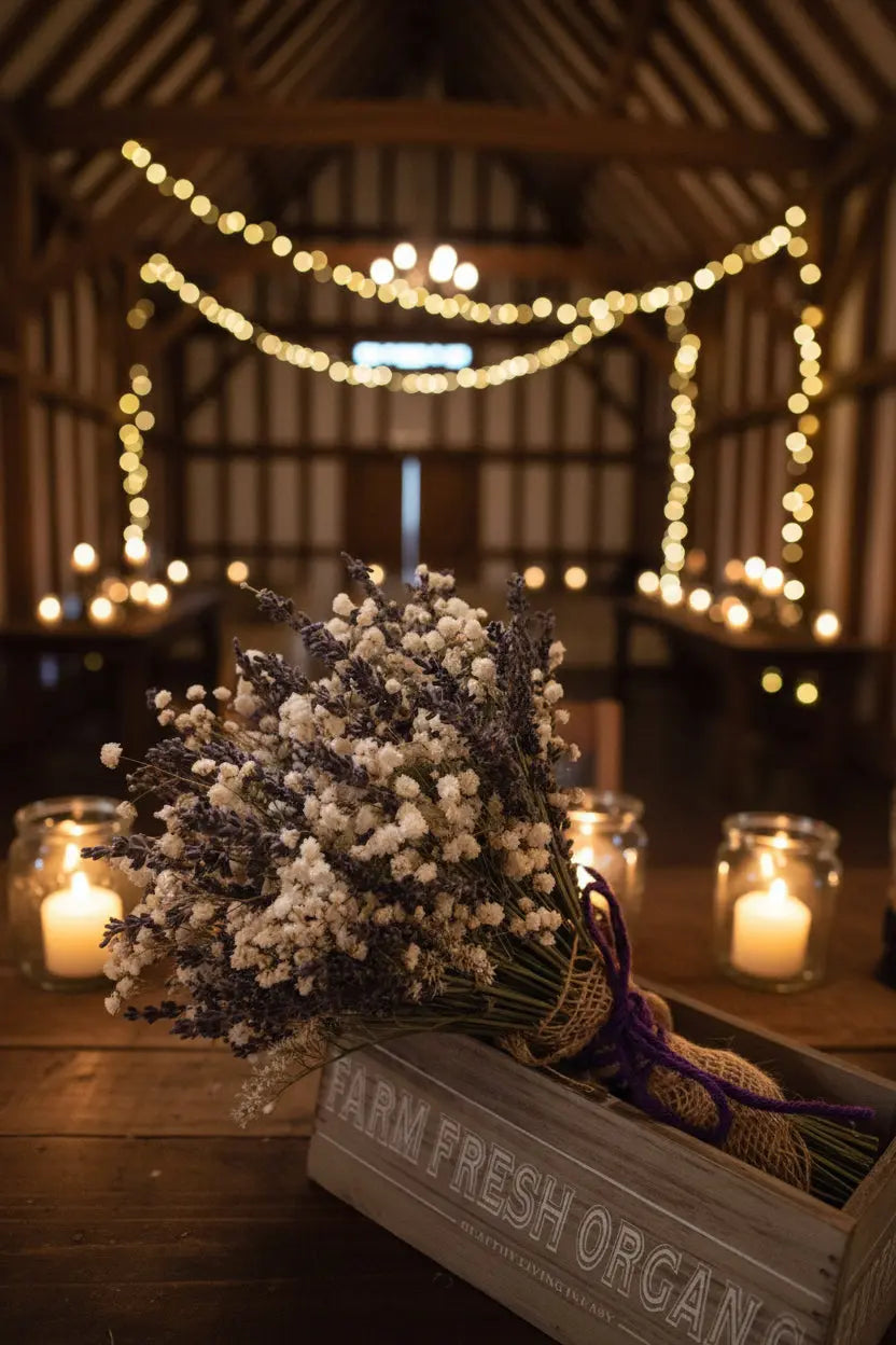 Bouquet of lavender and baby's breath with a box labeled 'Farm Fresh Organics' on a wooden table with candles at a barn wedding venue