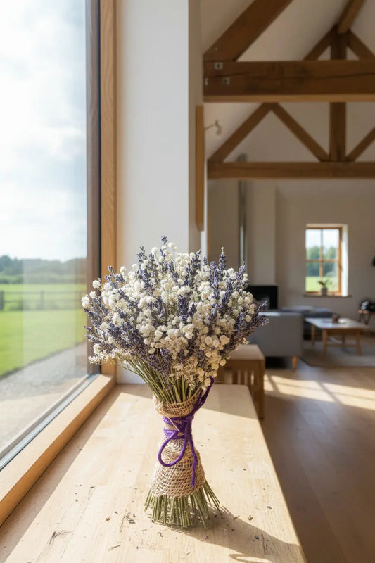 Bouquet of lavender and baby's breath with a purple twine on a window sill of a rustic barn conversion home.