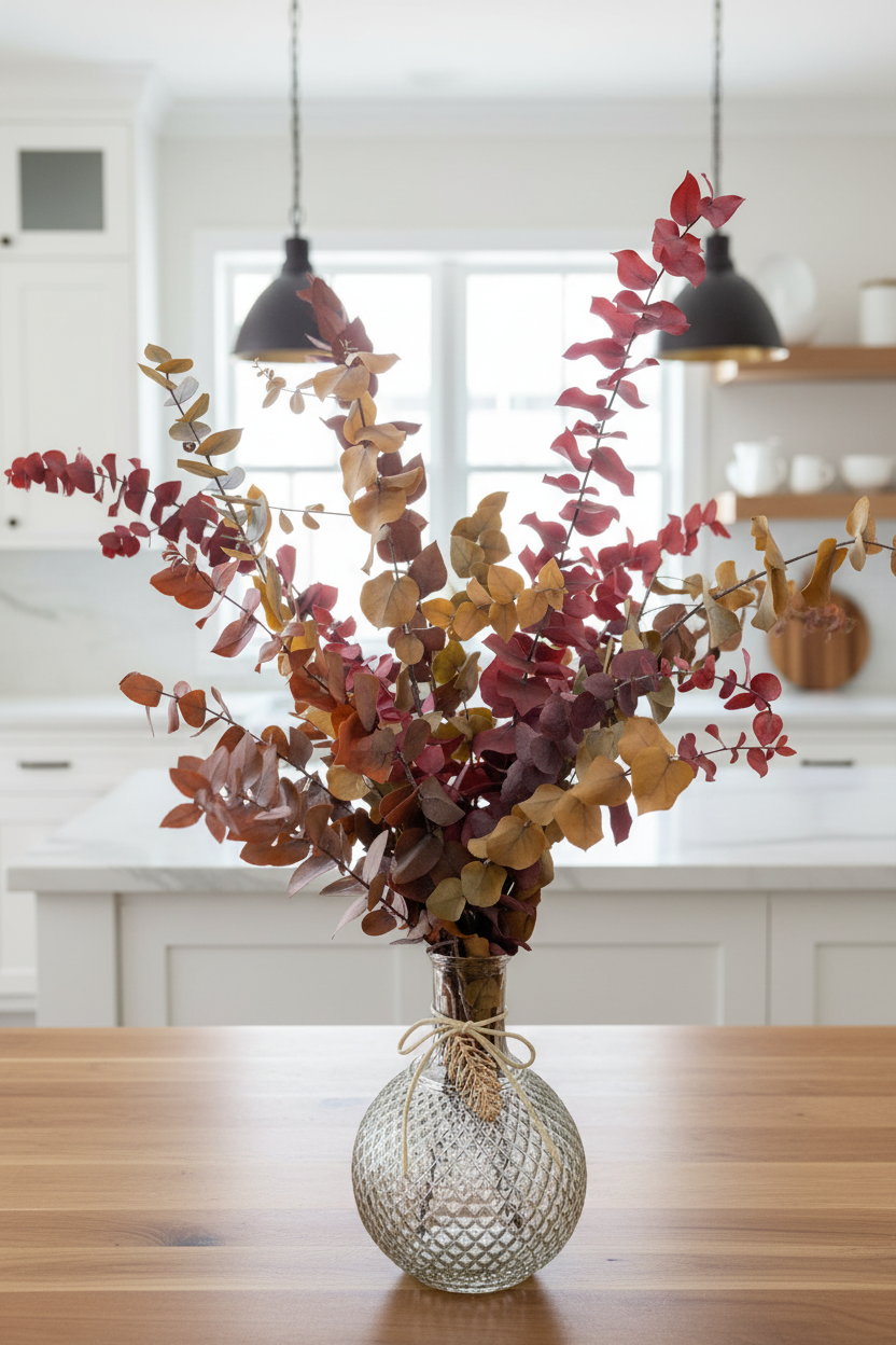 Autumn-colored eucalyptus stems in a textured glass vase with a twine bow, displayed on a wooden table in a bright kitchen setting.