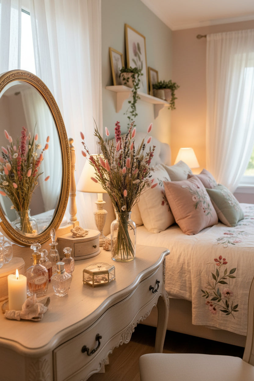 A dried flower arrangement featuring pink bunny tails, white daisies, and purple lavender stems in a clear glass jar, set pretty bedroom on the white dressing table with mirror.