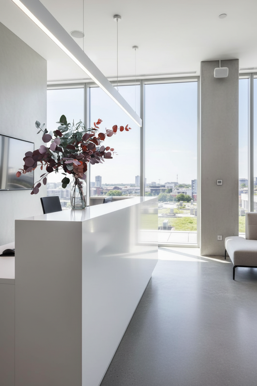 A modern minimalist interior space featuring a long white reception desk with a large arrangement of mixed preserved eucalyptus on top, set against a background of tall windows, gray flooring, and a light-colored sofa.