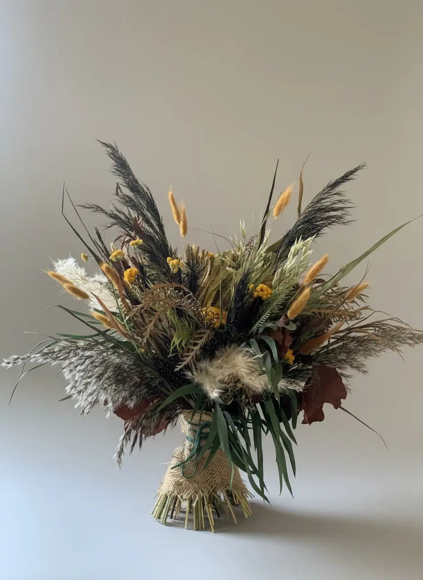 Dried Flower Wedding Bouquet of dried grasses, forest green foliage, pampas, bunny tails with pops of ochre yellow flowers, tied in a wild rustic style, on a plain studio background