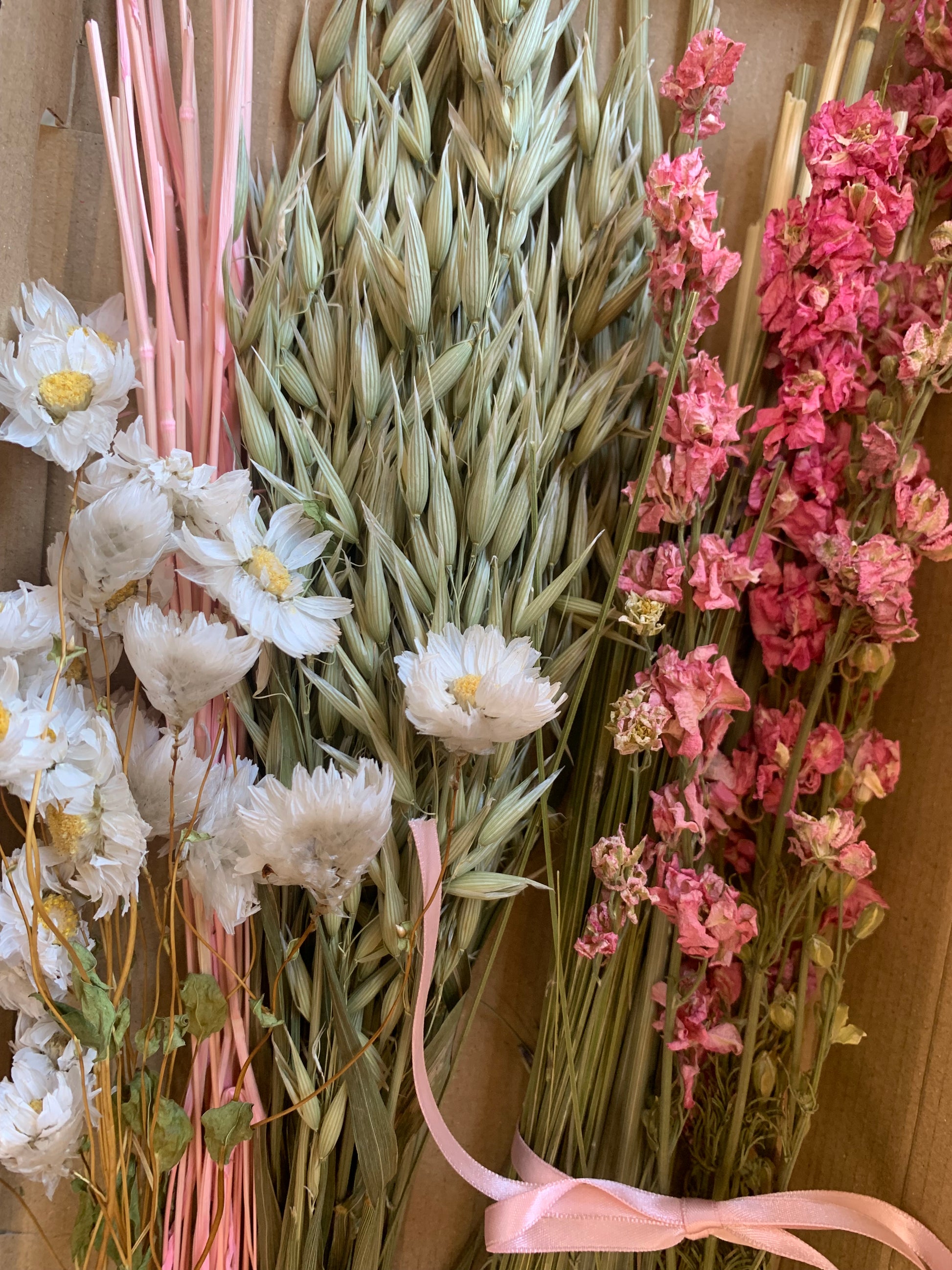 Dried flowers and grasses arranged in a bundle, including pink blossoms, pale green dried stalks, white daisies with yellow centers, and a light pink ribbon, photographed in letterbox box.