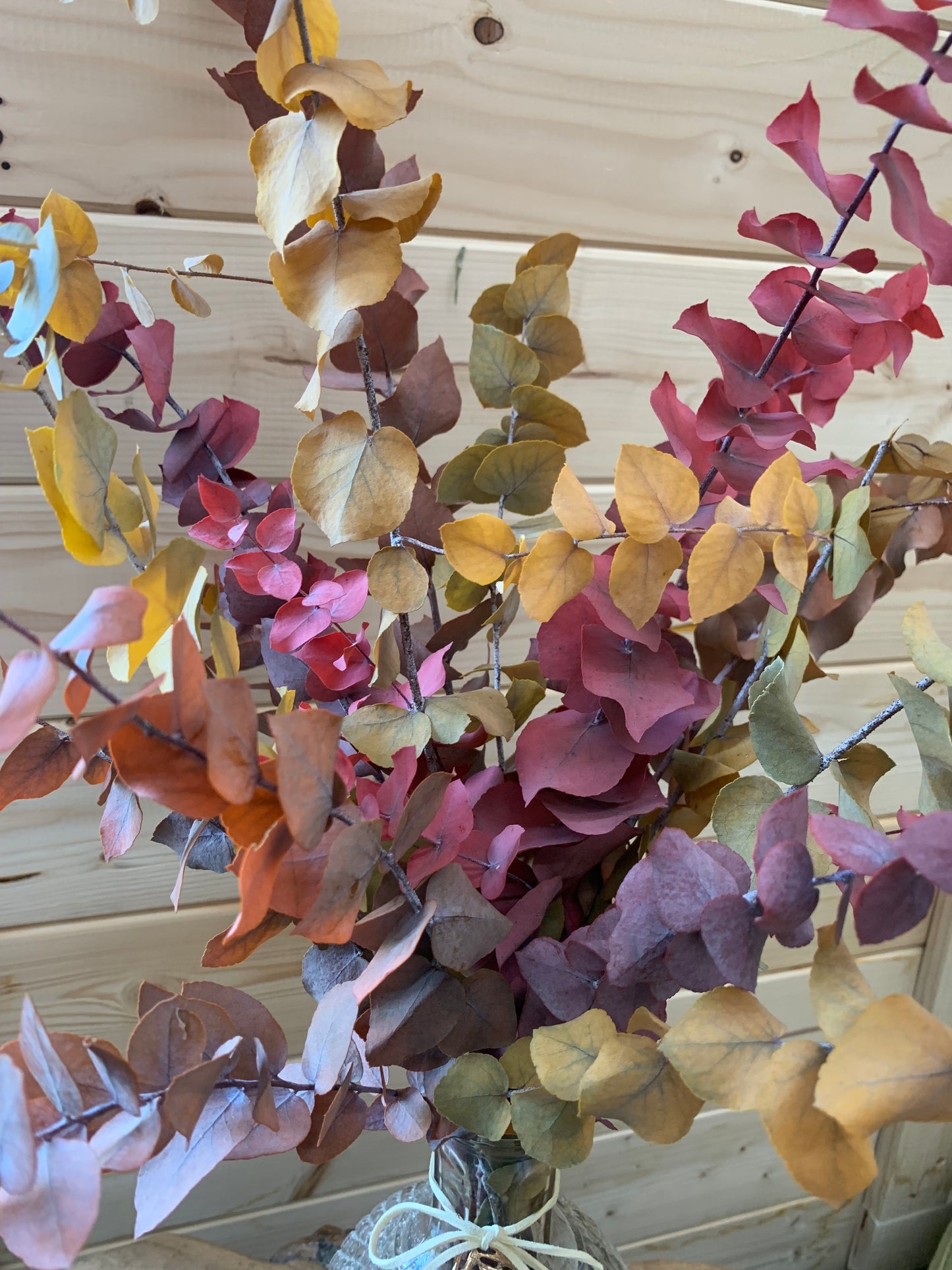 Autumn preserved eucalyptus showing  leaves in shades of yellow, orange, brown, and purple, arranged in a vase against a light wood paneled background.