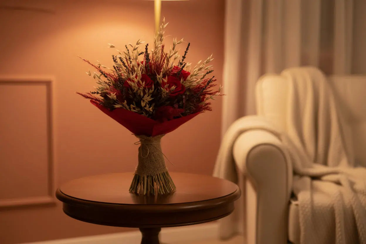 Bouquet of with preserved red roses  and dried lavender, hydrangea and oats wrapped in burlap on a wooden side table.