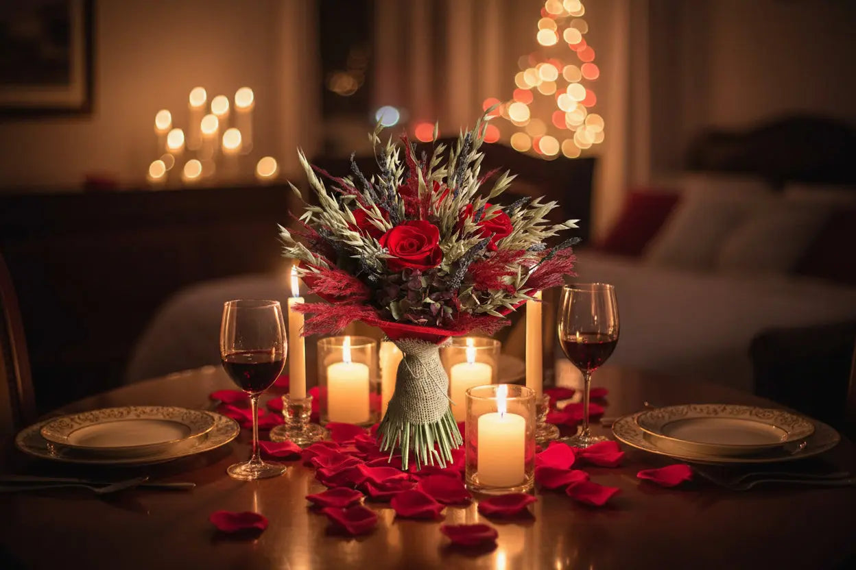 Bouquet of red roses and dried flowers with burlap wrap on a romantic Valentine's Day dinner table setting