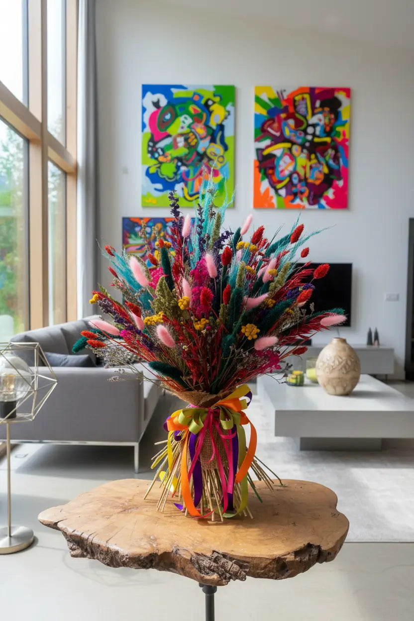 Brightly coloured dried flower bouquet on a wooden table in a contemporary loft style living room