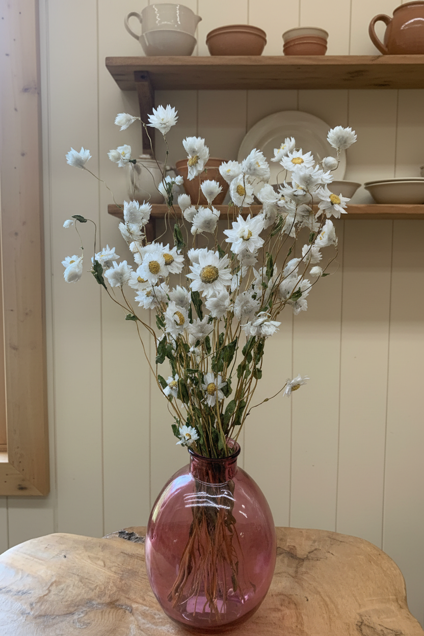 Vase of white dried daisies in a pink vase in aa country kitchen setting