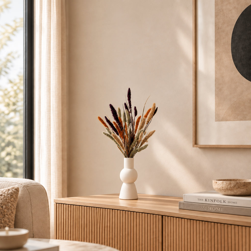 A white ceramic vase filled with dried ornamental grasses in earthy brown, tan, and burgundy tones, styled on a light wood console table in a warm, sunlit living room.