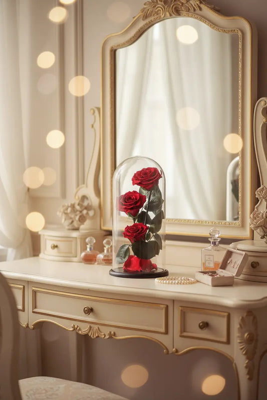 Decorative table with a glass dome containing red roses, ornate mirror, and soft lighting.