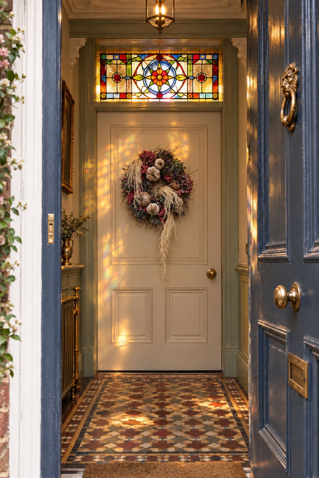 A dark green front door in a classic entryway, decorated with a large autumnal wreath featuring dried grasses and berries. Above the door is a colorful stained glass window, and warm sunlight streams across the door and floor.