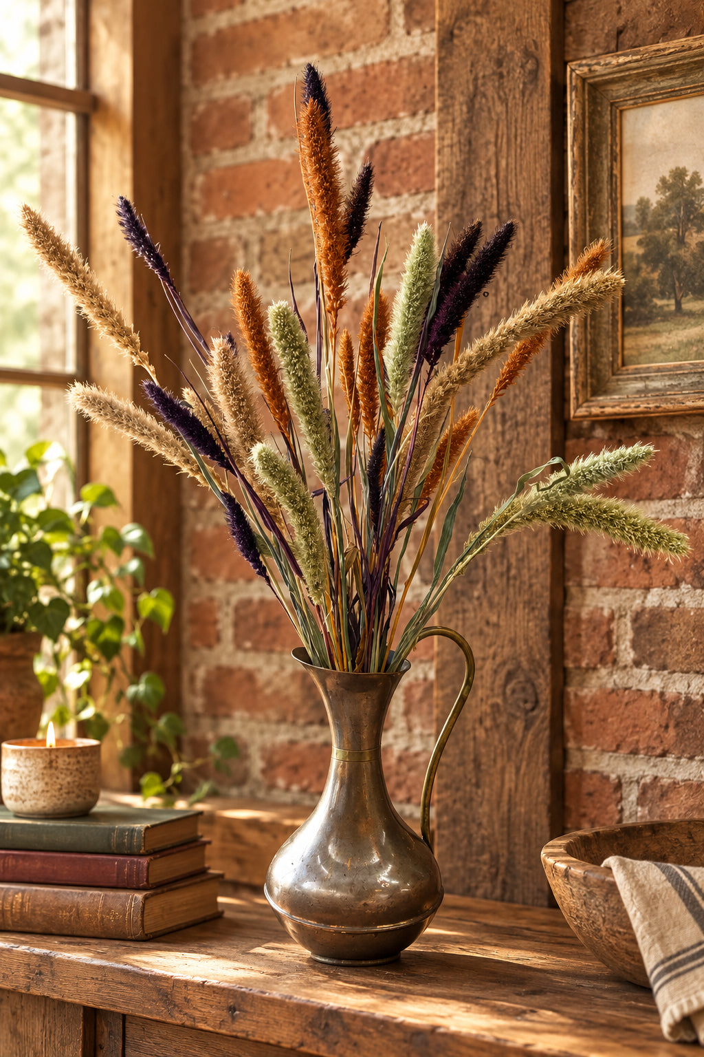 A rustic dried flower arrangement in a metallic bronze pitcher vase, set on a wooden table against a brick wall background.