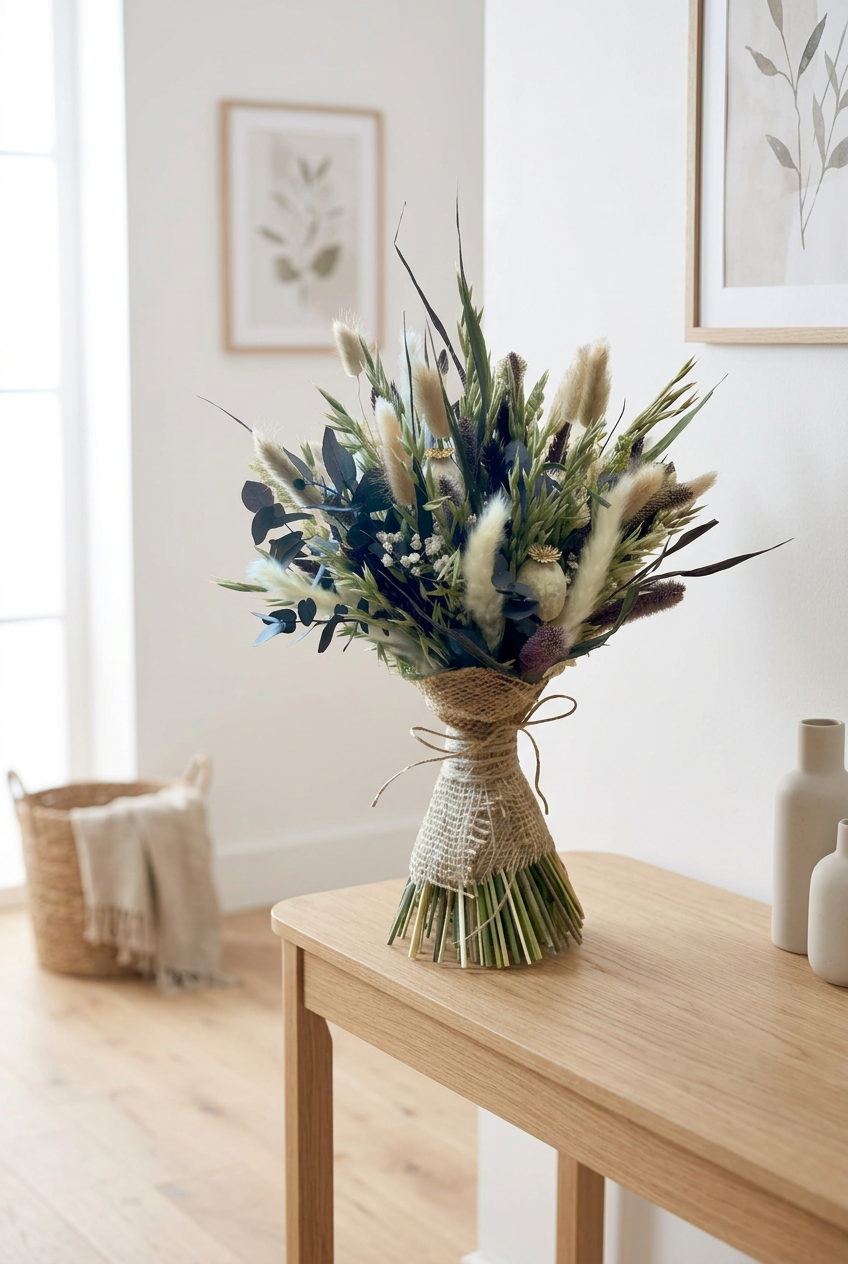 A rustic dried flower bouquet featuring fluffy white pampas grass, green and blue-green foliage, and babies breath, wrapped in natural burlap and twine, set on a wooden surface against a light wood plank wall.