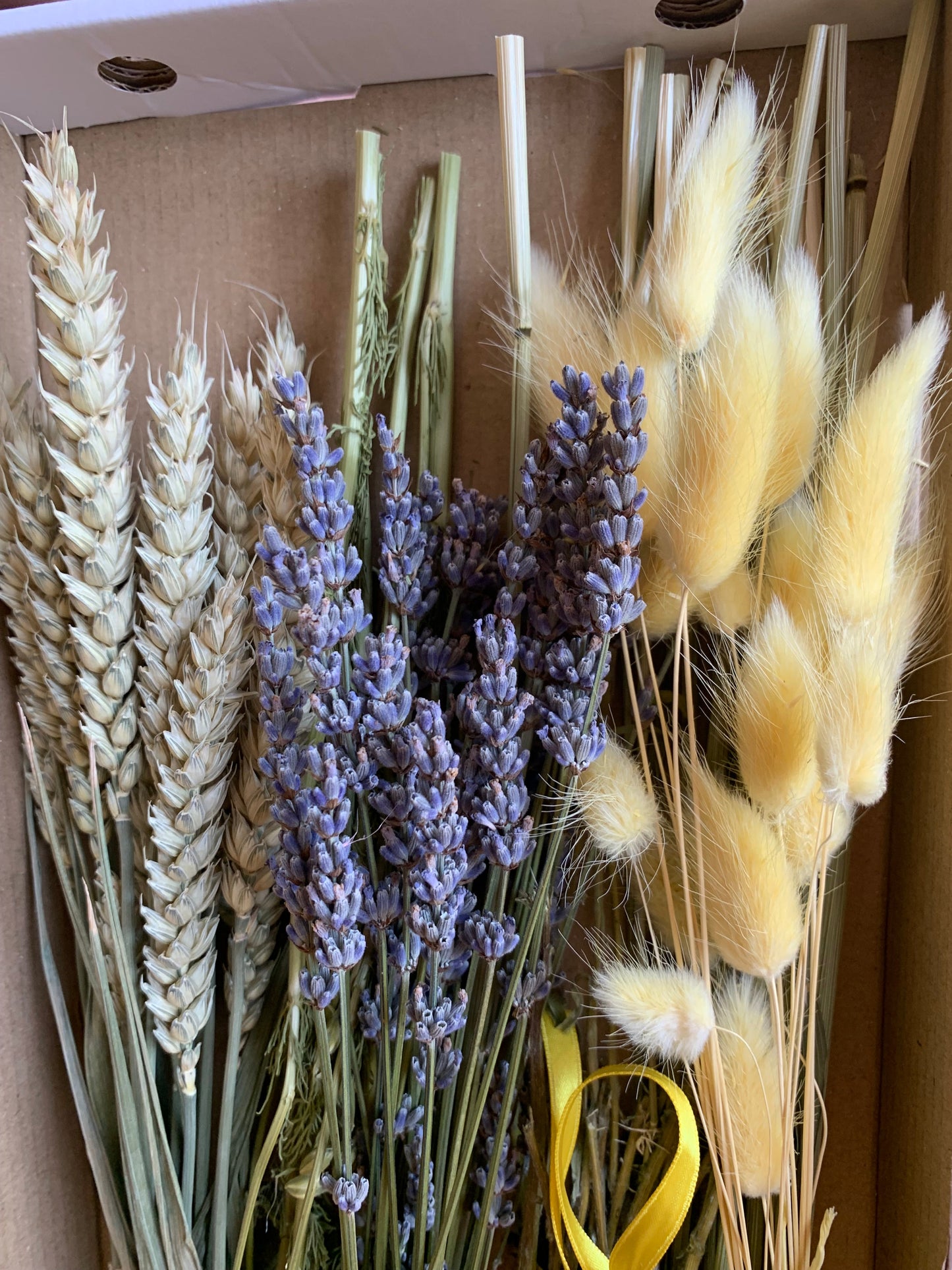 A selection of dried decorative flowers and grains, including pale yellow bunny tails, purple lavender, and beige wheat ears, arranged inside a brown cardboard box with a yellow ribbon.