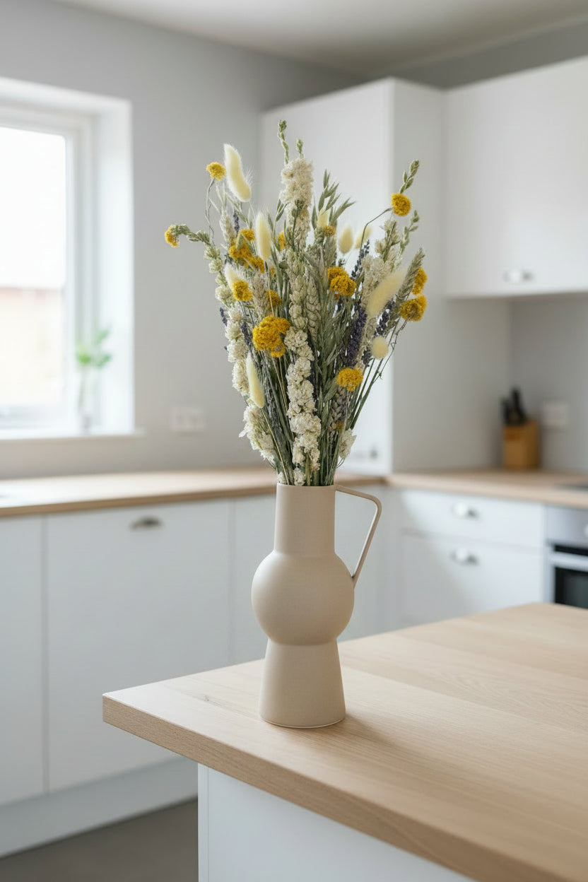 A dried flower arrangement in a matte off-white metal vase with a rounded bulbous shape and a thin metal side handle, set on a kitchen island in a bright kitchen