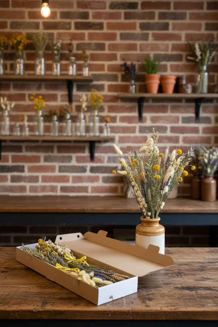 A rustic dried flower arrangement displayed in a stoneware jar next to the packing box including the same flowers  against a rustic brick background.