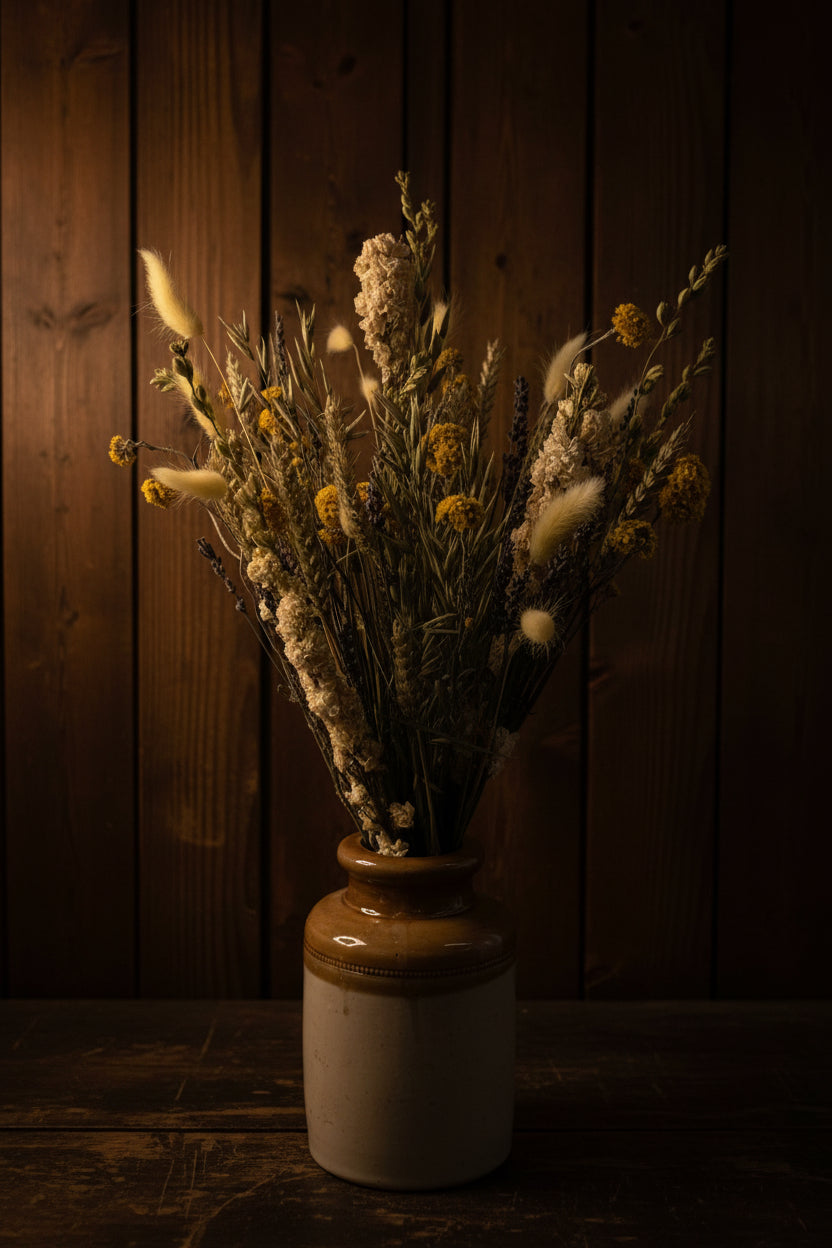 A dried flower arrangement with yellow blossoms, lavender, and pale cream stems in a rustic ceramic vase, set against a dark wood plank wall.