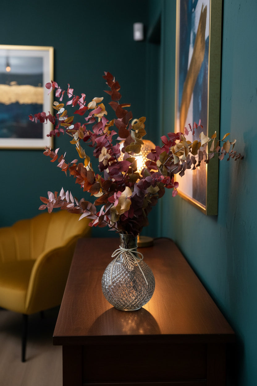 Autumn eucalyptus floral arrangement with burgundy, pink, and tan leaves, displayed in a textured gray glass vase on a rustic wooden surface.